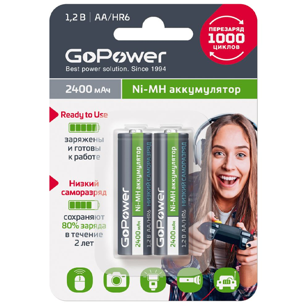 Аккумулятор GoPower RTU R06-2BL, (AA) 2400 мАч, Ni-Mh, (2/20/240)