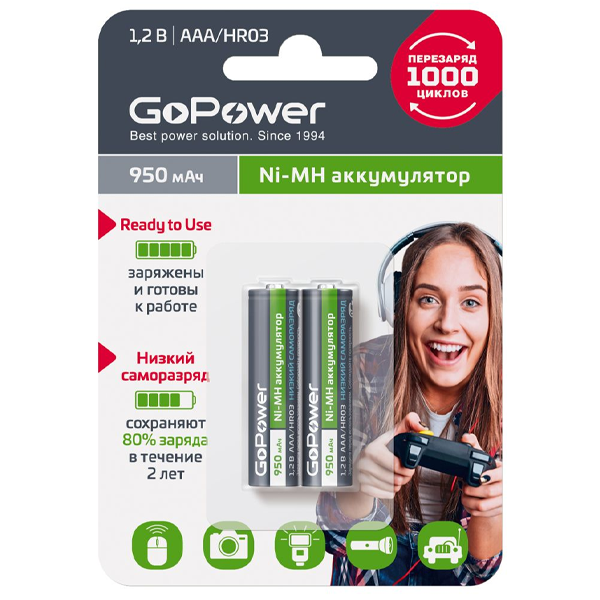 Аккумулятор GoPower RTU R03-2BL, (AAA) 950 мАч, Ni-Mh, (2/20/320)