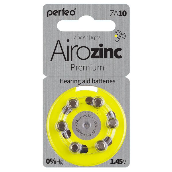 Элем.пит. ZA10-6BL Perfeo Airozinc Premium (PR70, A10, 10A, DA10), цинк-воздух [желтая] (6/60/600)