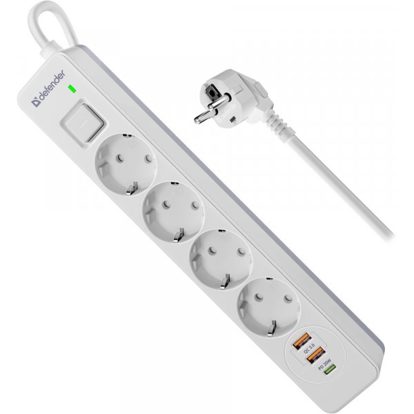 Сетевой фильтр DFS 143 3 м, белый, 4 розетки, USB+Type-C, Defender