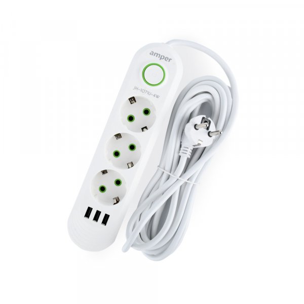 Amper сетевой удлинитель, 4м, 3 розетки, 3*0.75мм, 10А, 2500 Вт, 3usb, белый
