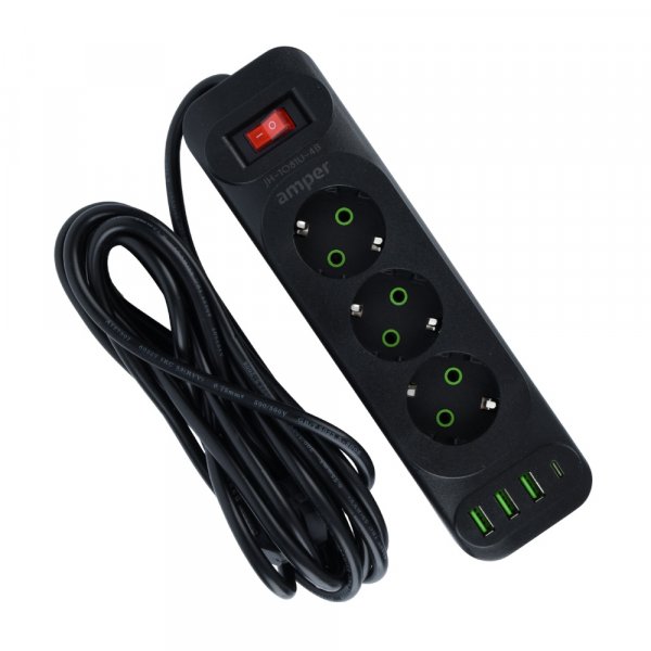 Amper сетевой удлинитель, 4м, 3 розетки, 10А, 2500 Вт, 3usb,1Type-C, чёрный
