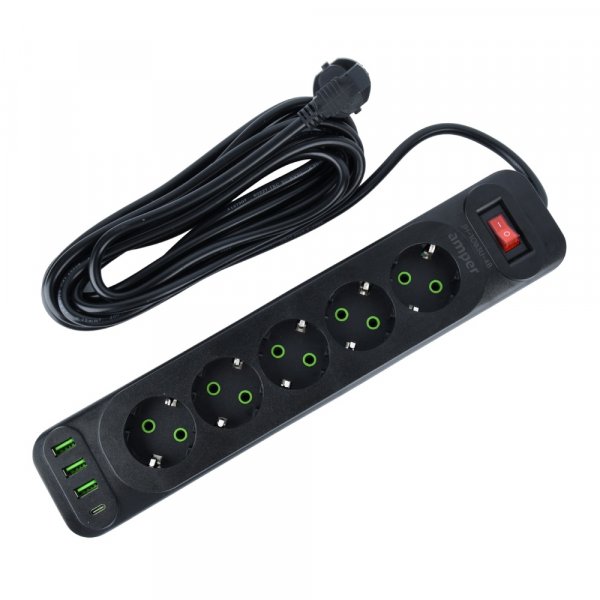 Amper сетевой удлинитель, 4м, 5 розеток, 10А, 2500 Вт, 3usb,1Type-C, чёрный