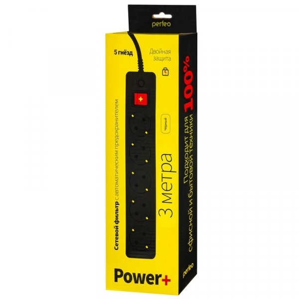 Perfeo сетевой фильтр 3м, 5 розеток, "POWER+", чёрный (PF-PP-5/3.0-B)