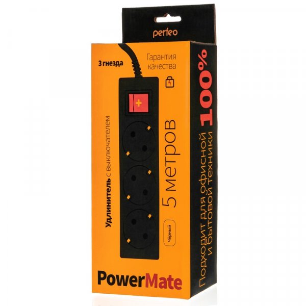 Удлинитель Perfeo "POWERMATE", 5м, 3 розетки, заземление, выключатель, чёрный (PF-PM-3/5.0-B)