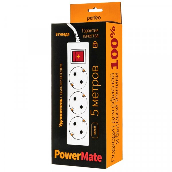 Удлинитель Perfeo "POWERMATE", 5м, 3 розетки, заземление, выключатель, белый (PF-PM-3/5.0-W)