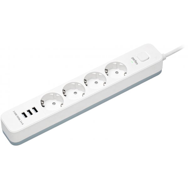 Perfeo сетевой фильтр 2м, 4 розетки, 3 USB, "POWER STREAM", 2500W, белый