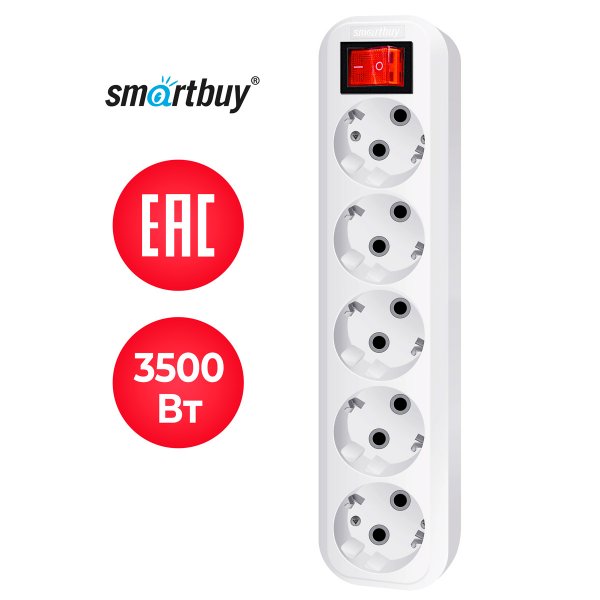 Колодка Smartbuy, 5 гнезд 16А/3.5кВт c выключателем и заземлением