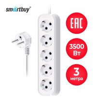 Удлинитель Smartbuy, 3м, 5 розеток, заземление, 16А/3.5кВт, ПВС 3*1,0
