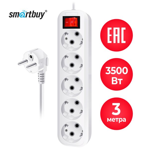 Удлинитель Smartbuy, 3м, 5 розеток, заземление, выключатель,16А/3.5кВт, ПВС 3*1,0