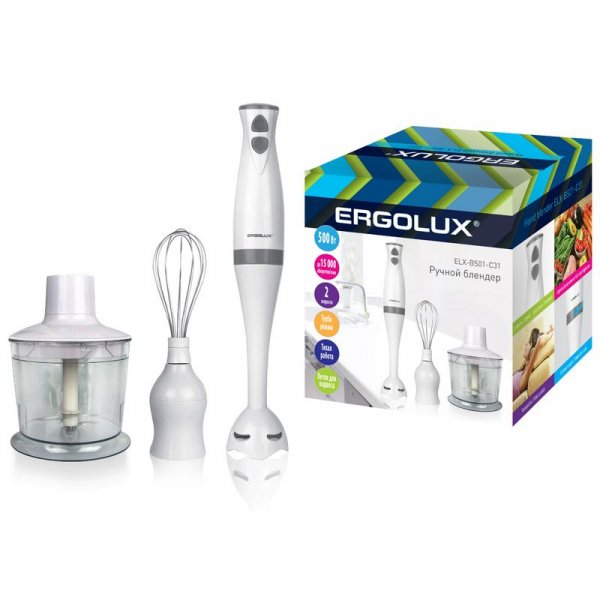 Блендерный набор ERGOLUX ELX-BS01-C31 (измельчитель, венчик, блендер, 500Вт,220-240В) бело/серый