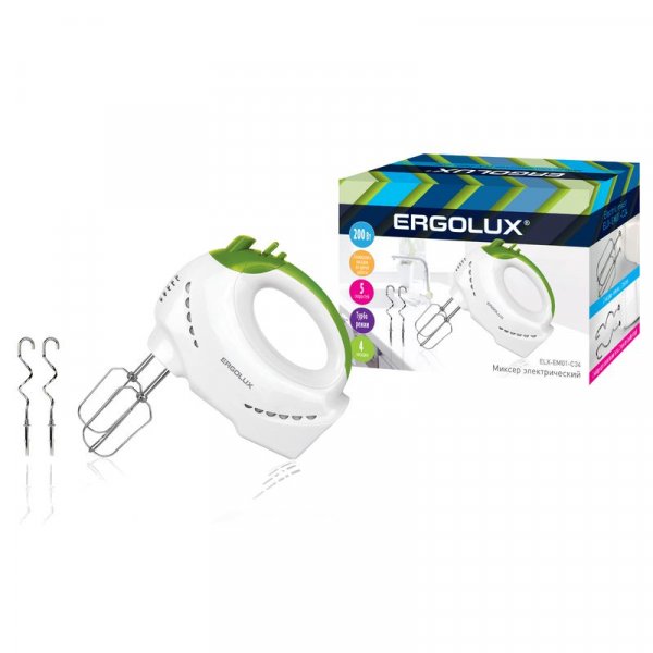 Миксер ручной ERGOLUX ELX- EM01-C34 (200Вт,220-240В) бело/салатовый