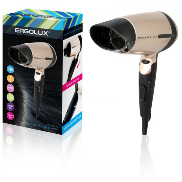 Фен Ergolux ELX-HD02-C64 (складная ручка, 1600Вт, 220-240В), чёрно-золотистый