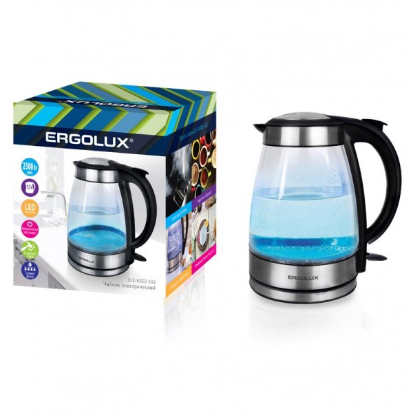 Чайник электрический Ergolux ELX-KG02-C42 (стекл., 1.7л, 160-250В, 1500-2300Вт), серебристо-чёрный
