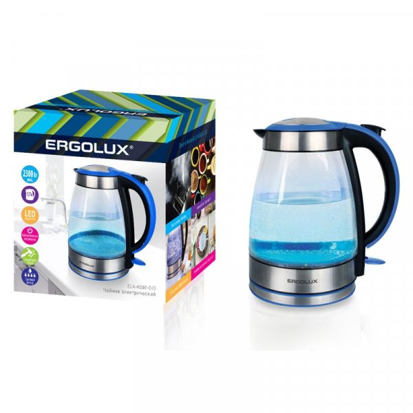 Чайник электрический Ergolux ELX-KG02-C45 (стекл., 1.7л, 160-250В, 1500-2300Вт), сине-чёрный