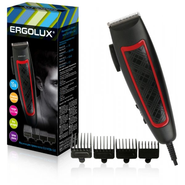 Машинка для стрижки волос ERGOLUX ELX-HC04-C43, 15Вт 220-240В, чёрный с красным