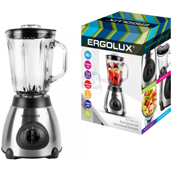 Блендер настольный Ergolux ELX-TB01-C72 (нерж. сталь, стекл. чаша, 2 скорости, 400Вт, 220-240В), серебристо-чёрный