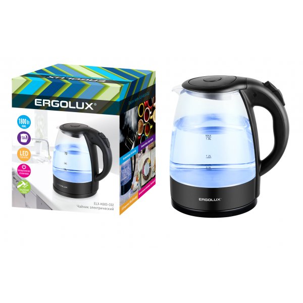 Чайник электрический Ergolux ELX-KG03-C02 (стекл., 1.8л, 220-230В, 1800Вт), чёрный