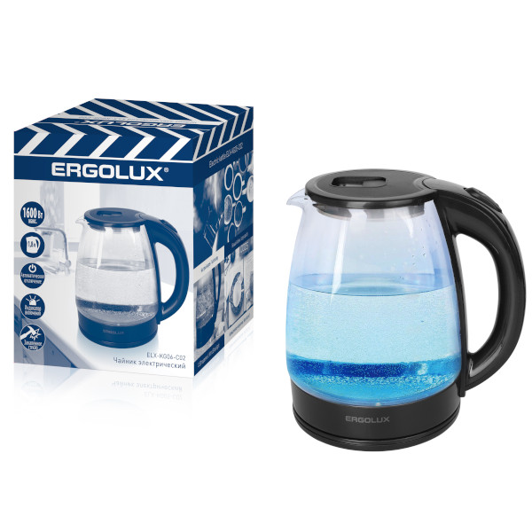 Чайник электрический Ergolux ELX-KG06-C02 (стекл., 1.8л, 220-240В, 1600 Вт), чёрный