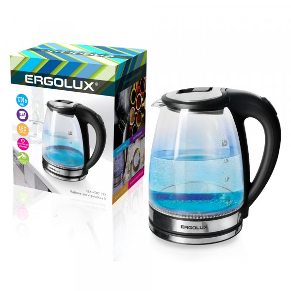 Чайник электрический Ergolux ELX-KG07-C72 (нерж.сталь/стекл., 2.0л, 220-240В, 1700 Вт), чёрный