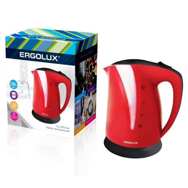 Чайник электрический Ergolux ELX-KP03-C04 (пластик, 2.0л, 160-250В, 1500-2300Вт), красно-чёрный