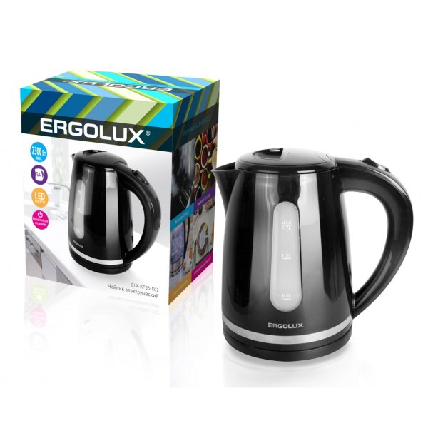 Чайник электрический Ergolux ELX-KP05-C02 (пластик, 1.8л, 160-250В, 1500-2300Вт), чёрный с хромом