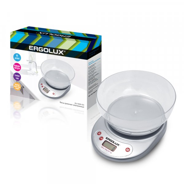 Весы кухонные ERGOLUX ELX-SK05-C03 (до 5 кг со съемной чашей) серый металлик