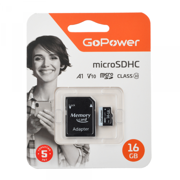Карта памяти  16GB microSDHC class 10 GoPower V10 60MB/s с адаптером