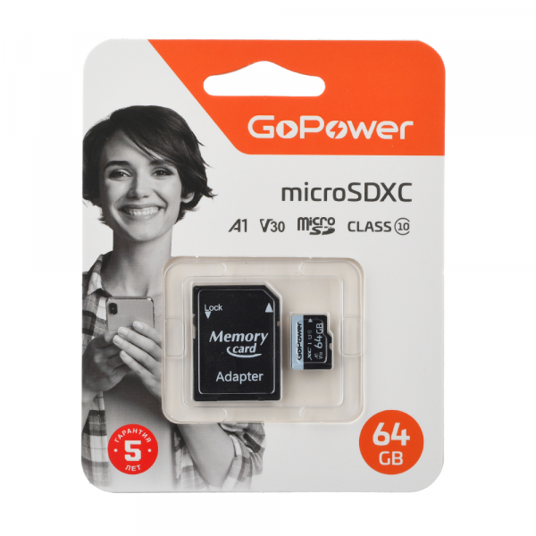 Карта памяти  64GB microSDHC class 10 GoPower V30 70MB/s с адаптером