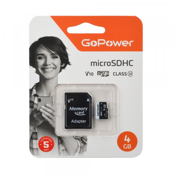 Карта памяти   4GB microSDHC class 10 GoPower V10 15MB/s с адаптером