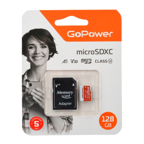 Карта памяти 128GB microSDHC class 10 GoPower UHS-I (U3) V30 100MB/s с адаптером