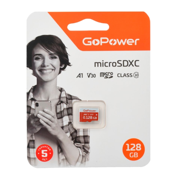 Карта памяти 128GB microSDHC class 10 GoPower UHS-I (U3) V30 100MB/s без адаптера