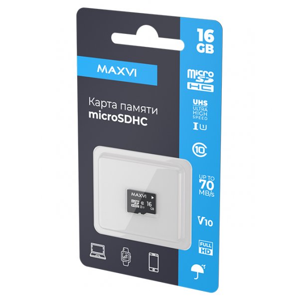 Карта памяти  16GB microSDHC class 10 Maxvi UHS-I (1), V10, без адаптера