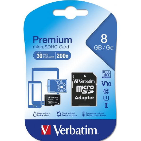 Карта памяти   8GB microSDHC class 10 Verbatim UHS-1 с адаптером