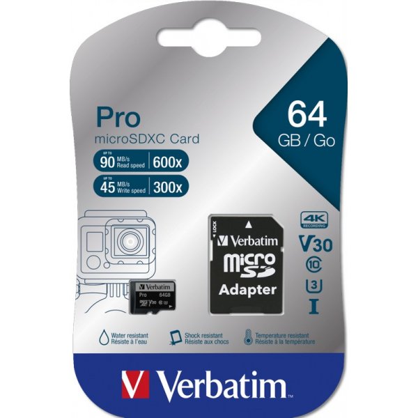 Карта памяти  64GB microSDHC class 10 Verbatim Pro (U3) с адаптером