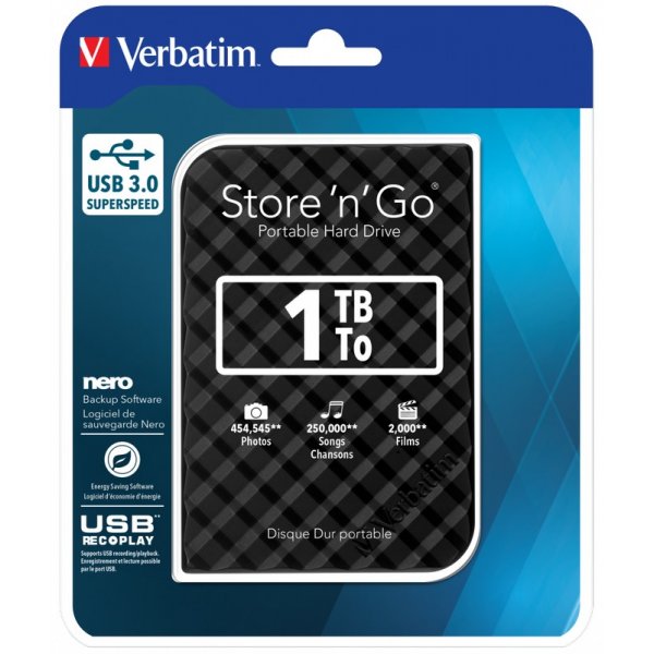 Внешний жёсткий диск HDD 2.5" USB 3.0 1 TB Verbatim Store\'n\'Go Black New