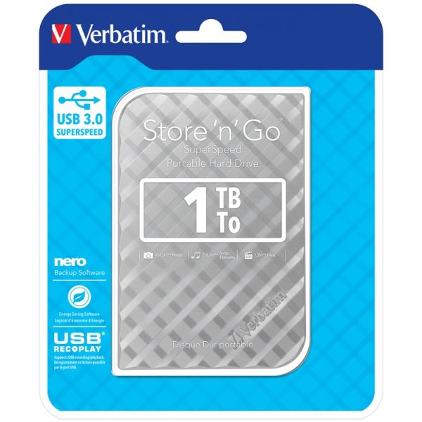 Внешний жёсткий диск HDD 2.5" USB 3.0 1 TB Verbatim Store\'n\'Go Silver New