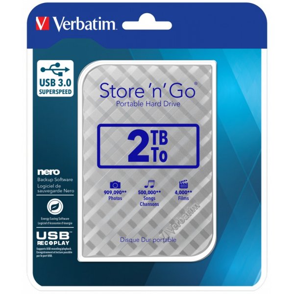 Внешний жёсткий диск HDD 2.5" USB 3.0 2 TB Verbatim Store\'n\'Go Silver New