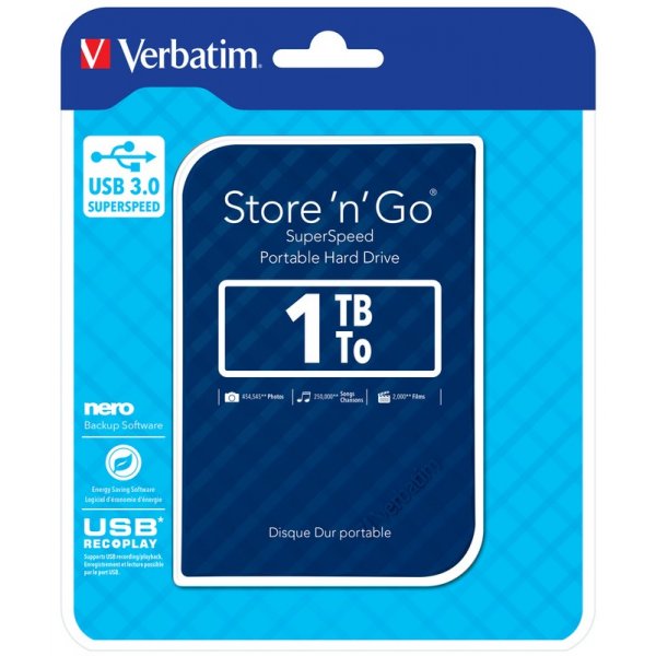 Внешний жёсткий диск HDD 2.5" USB 3.0 1 TB Verbatim Store\'n\'Go Blue New