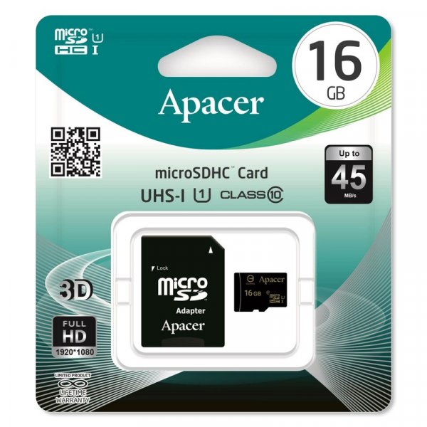 Карта памяти  16GB microSDHC class 10 Apacer UHS-I (U1) с адаптером SD