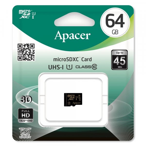 Карта памяти  64GB microSDXC class 10 Apacer UHS-I (U1) без адаптера SD