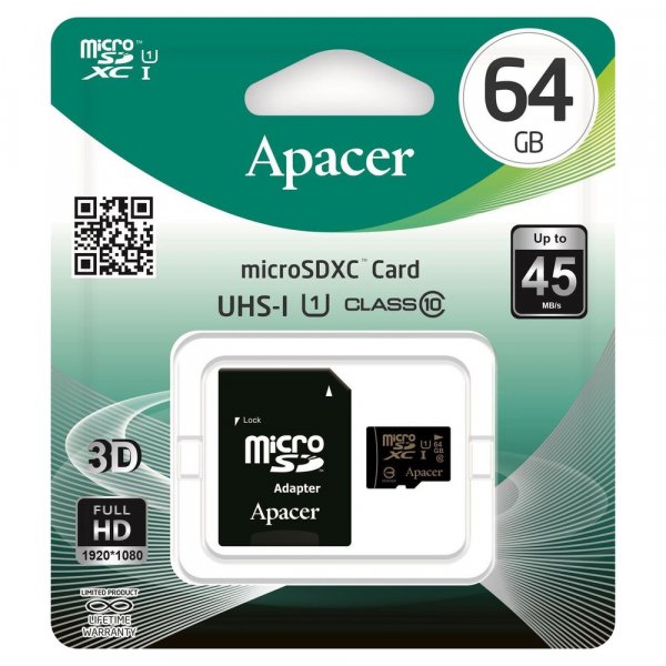 Карта памяти  64GB microSDXC class 10 Apacer UHS-I (U1) с адаптером SD