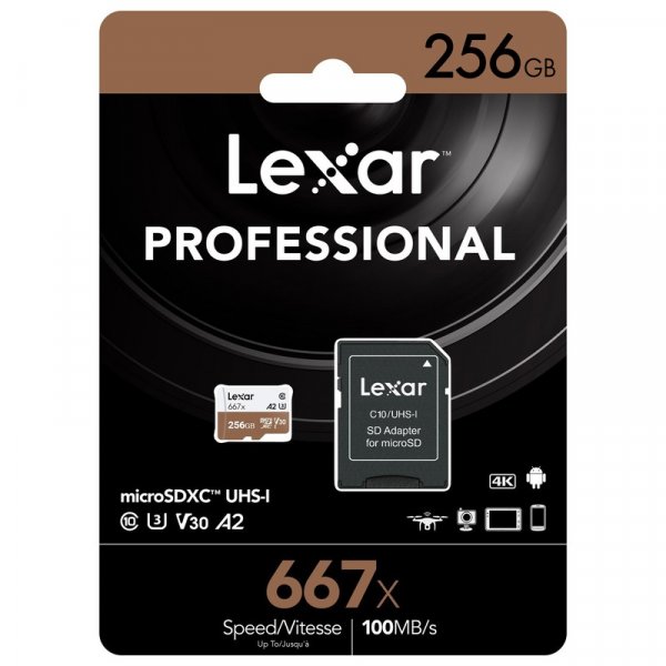 Карта памяти 256GB micro SDXC class 10 667x U3 100MB/s Lexar с адаптером SD