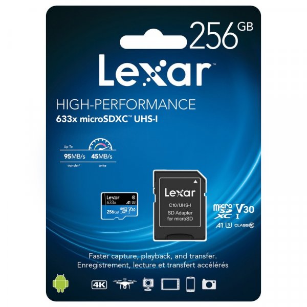 Карта памяти 256GB micro SDXC class 10 633x U3 A1 V30 Lexar с адаптером SD