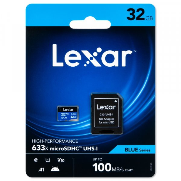 Карта памяти  32GB microSDHC class 10 UHS-I 633x A1 V10 Lexar с адаптером SD (LSDMI32GBB633A)