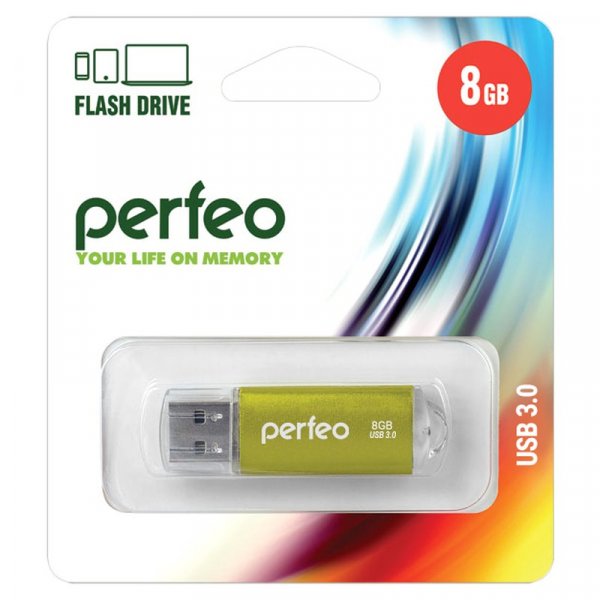 Флешка USB  8GB 3.0 Perfeo C14 metal series Gold