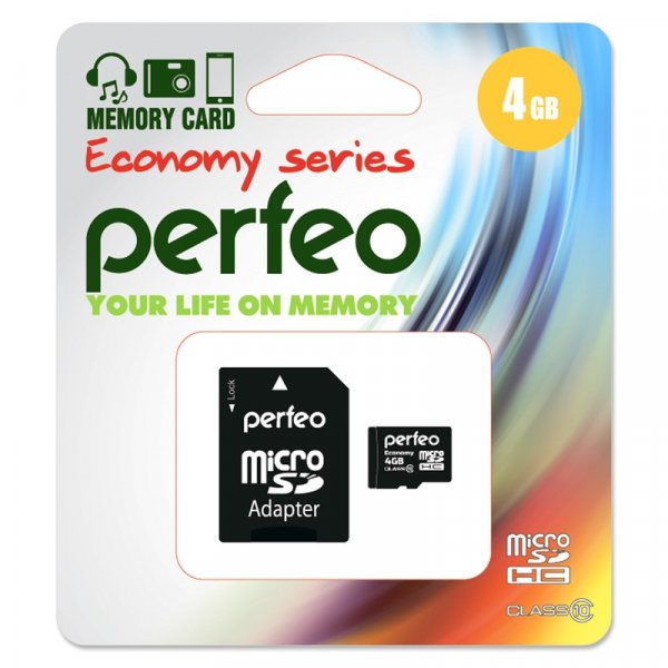 Карта памяти   4GB microSDHC class 10 Perfeo High-Capacity economy series с адаптером
