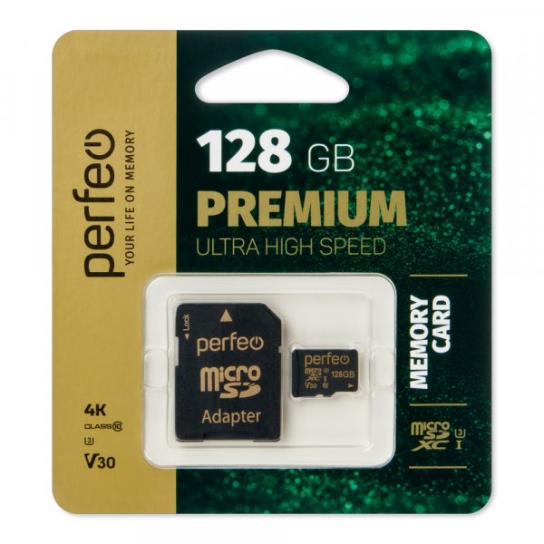 Карта памяти 128GB micro SDXC class 10  UHS-3 V30 Perfeo PREMIUM с адаптером