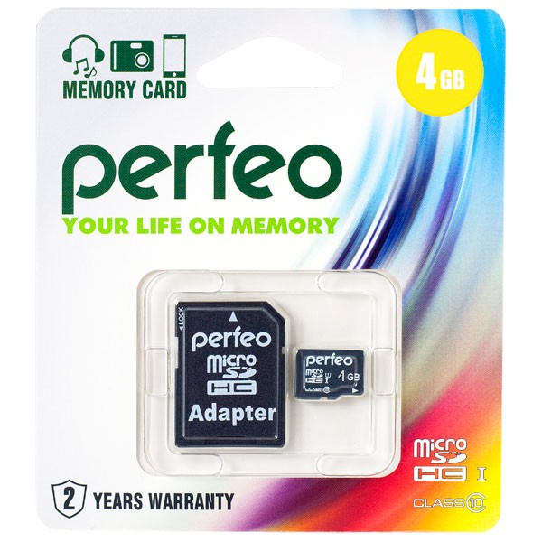 Карта памяти   4GB microSDHC class 10 Perfeo High-Capacity с адаптером