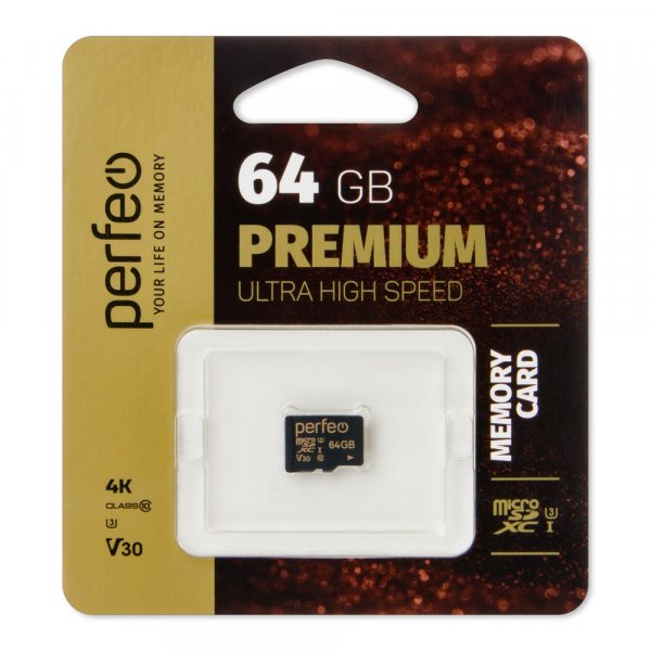 Карта памяти  64GB micro SDXC class 10  UHS-3 V30 Perfeo PREMIUM без адаптера